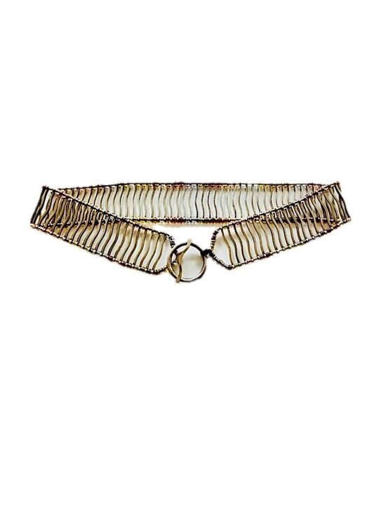 Burnished Silver Metal & Colorful Beaded Stretch Belt Womens M Unique 34\